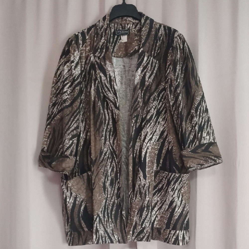 Prato Vintage Open Front Animal Print Top, Pockets, Cotton, Made In USA Plus